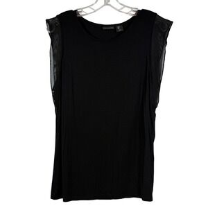 TAHARHI Women's Knit Tank Top, Sheer Flutter Sleeve Overlay, Black, Size Large